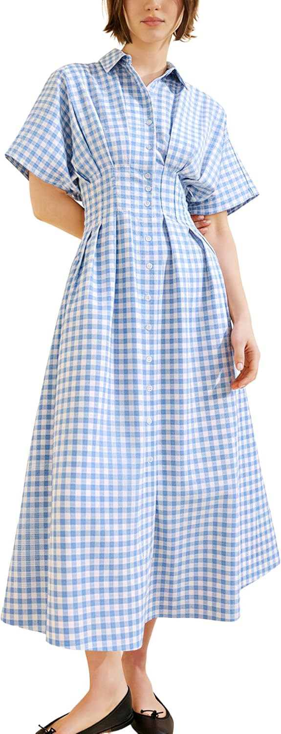 Yeokou Women Plaid Shirt Dress Short Sleeve Button Down Pleated Gingham A Line Maxi Dresses Casual Sundress with Pockets | Amazon (US)