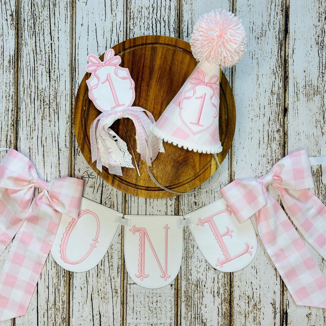 Pink First Birthday Decor Pink Gingham Bows Pink Coquette First Birthday High Chair Banner, Party... | Etsy (US)