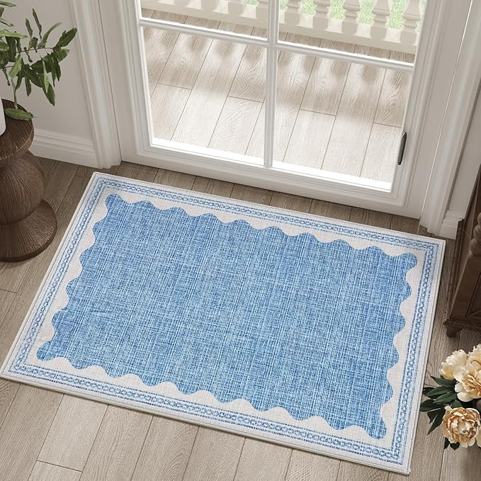 Scalloped Rug 2x3 Rugs for Entryway, Solid Blue Rugs Small Area Rug Non Slip Scalloped Bath Mat, ... | Amazon (US)