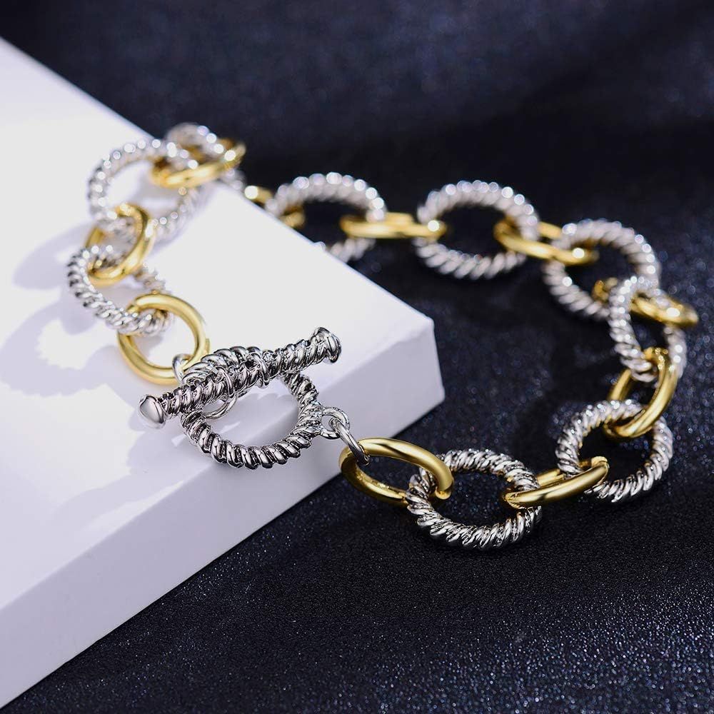 Mytys Link Bracelet Two tone Circles Chain Silver and Gold Wire Cable Bangle Designer Inspired Brace | Amazon (US)