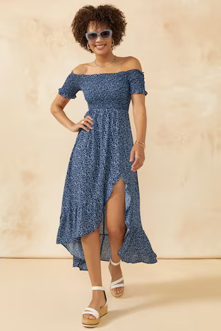 Norah Navy Floral Off The Shoulder Maxi Dress | Francesca's