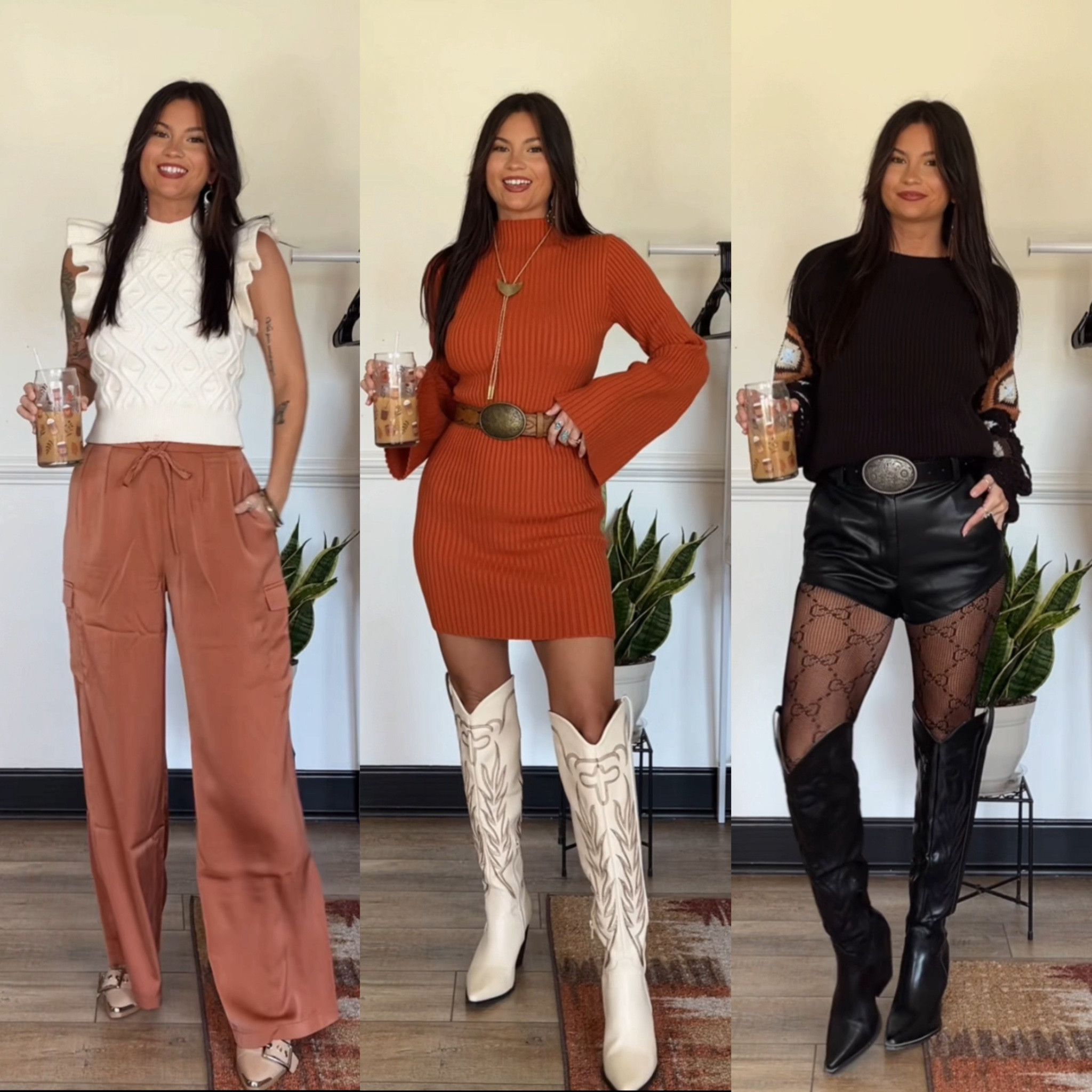 Fall styles that I’m currently loving! Code LORI20 to save on boots! Code LORI to save on anything Pink Lily 

Wearing xs in everything except leather shorts, size small