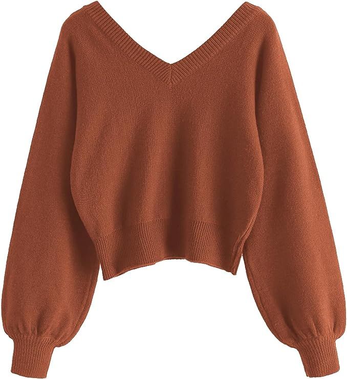 ZAFUL Women's Cropped Sweater V-Neck Long Sleeve Crop Sweater Pullover Jumper Knit Top | Amazon (US)