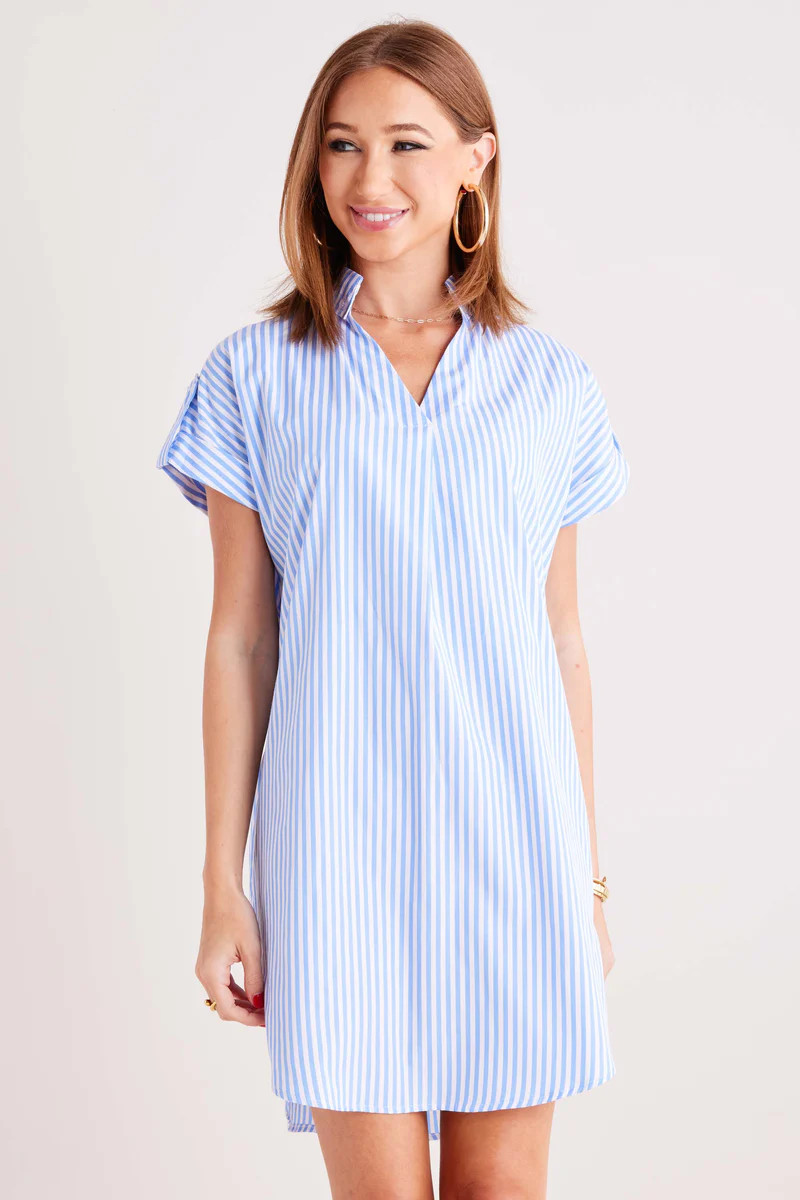 Collared Shirt Dress - Blue and White Striped Shirt Dress | Avara
