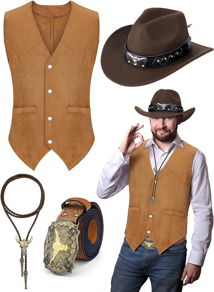 4 Pcs Western Outfits for Men Cowboy Suede Leather Vest Hat Necktie Bull Buckle Belt for Hallowee... | Amazon (US)