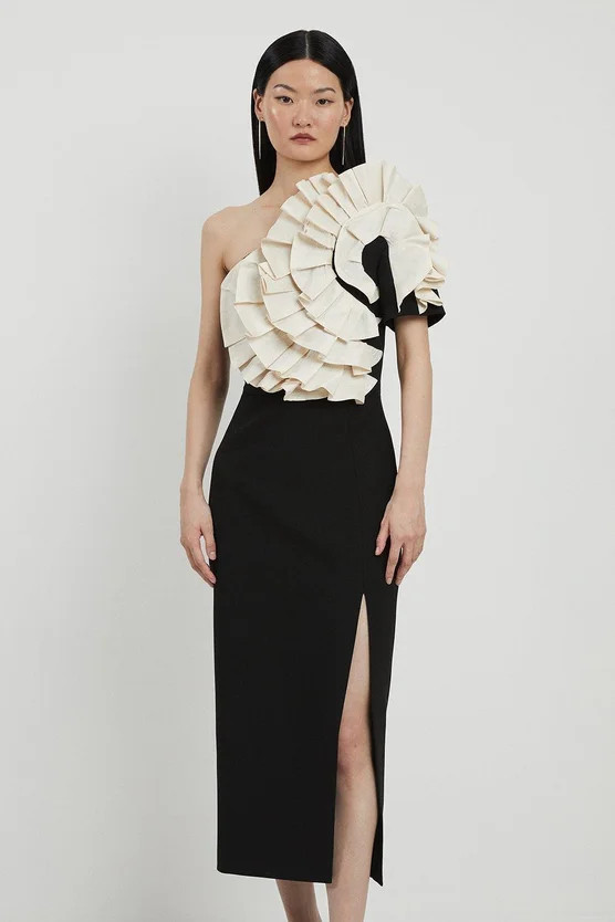 Compact Stretch Taffeta Ruffle One Shoulder Midi Dress | Karen Millen US