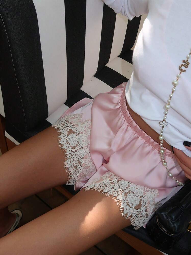 Women's Boho Lace Trim Satin Shorts Elastic Waist Pettipants Slik Half Slip French Knickers Boysh... | SHEIN