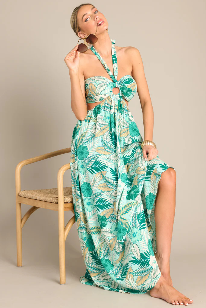 Serenity Breeze Teal Halter Tropical Print Maxi Dress | Red Dress 