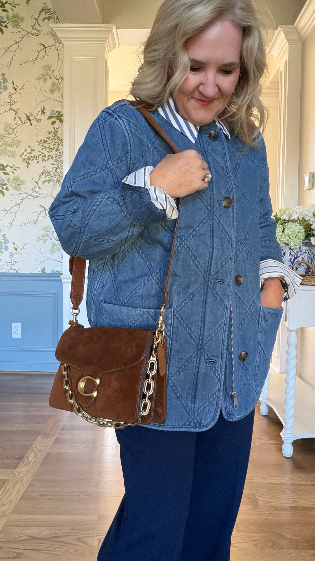 Quilted jacket size medium
Anthropologie blouse size medium
Anthropologie knit pants for the office or weekend size 8 petite. I do need to wear a platform sneaker like these suede ones with them. Or a heel.
Coach purse is luxury without a four digit price

Weekend outfit, classic old Munni style

#LTKPetite #LTKSaleAlert #LTKOver40