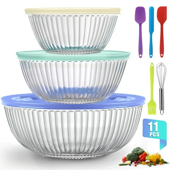Glass Mixing Bowls Set, AOKIWO 11 Packs 3 Size  Glass Nesting Mixing Bowl with BPA-Free Lids & Ba... | Walmart (US)