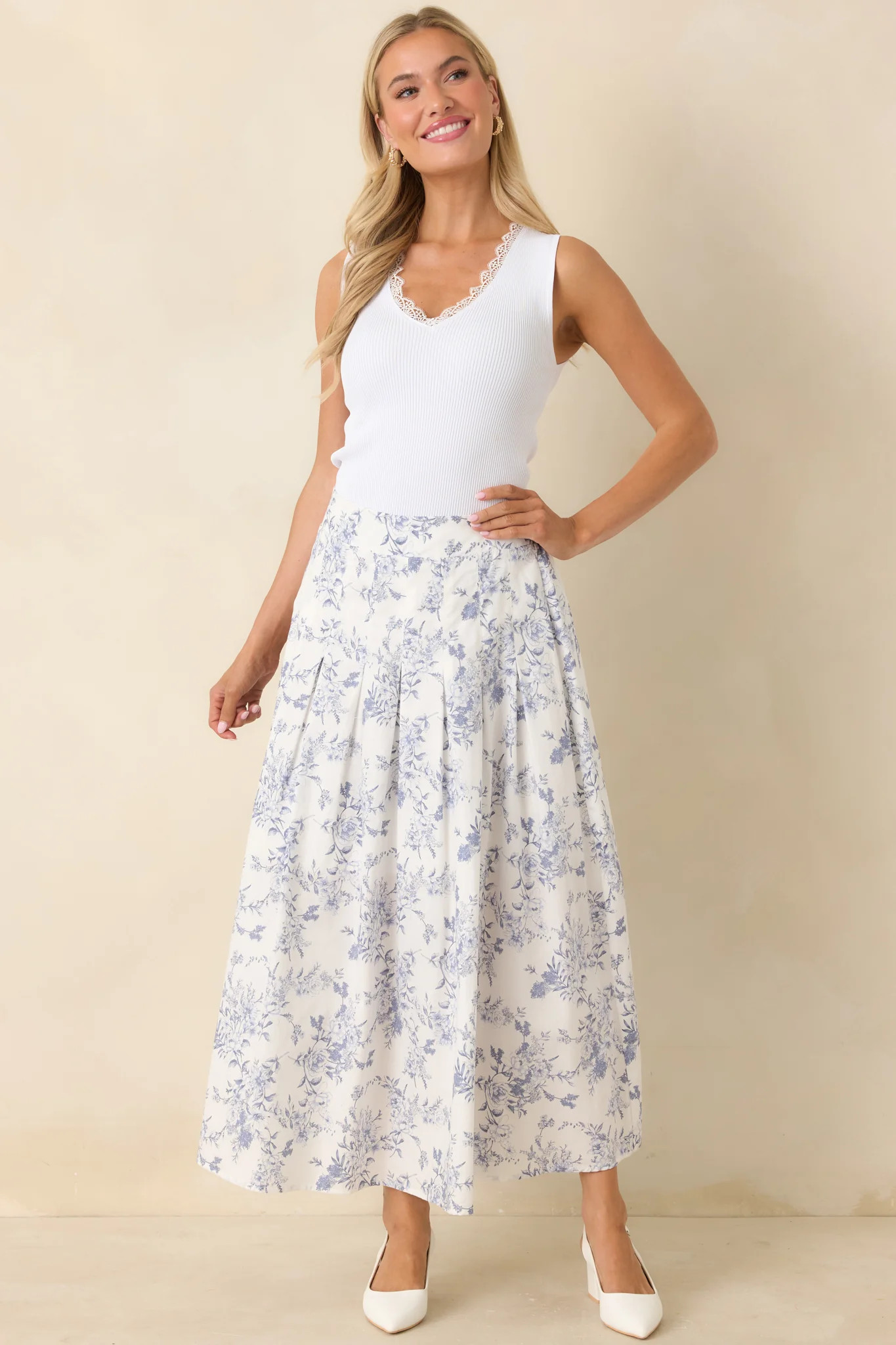 Once Upon a Daydream Blue & Ivory Floral Toile Cotton Maxi Skirt | Red Dress