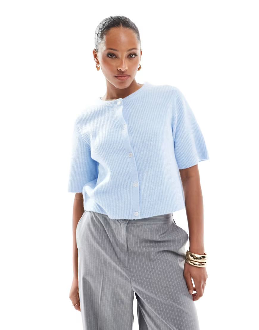 Pieces soft knit short sleeve cardigan in blue | ASOS (Global)