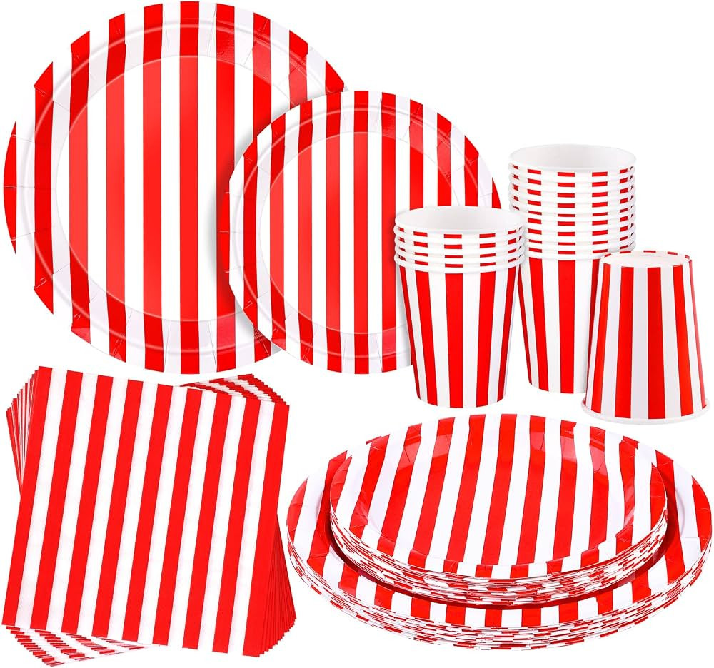 durony 64 Pieces Carnival Table Decorations White and Red Striped Paper Plates Napkin Cup Circus ... | Amazon (US)