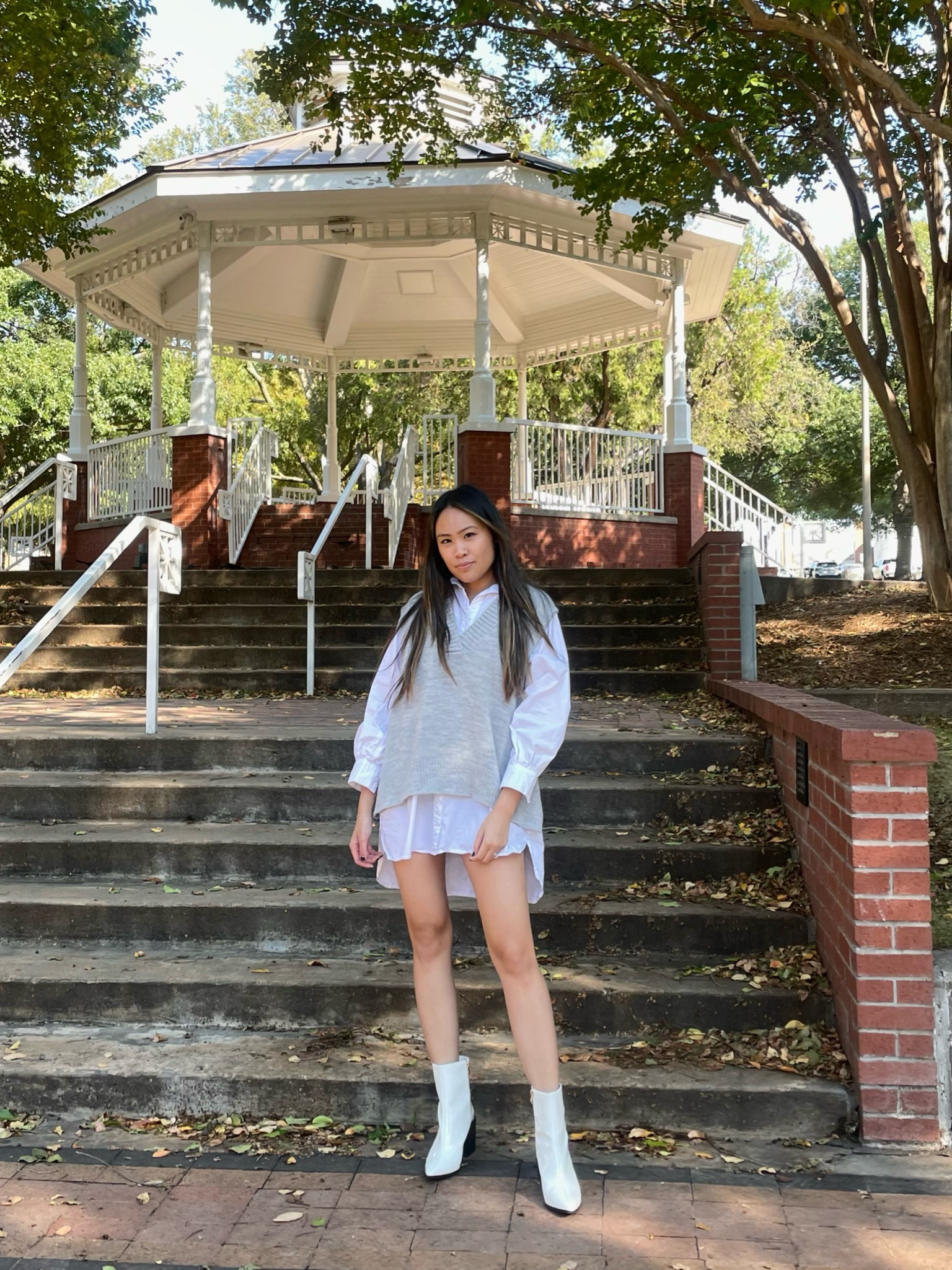 Fall transition outfit, minimal style, button down dress, neutral style, grey sweater vest, oversized sweater vest, white boots, ankle boots, fall boots, fall style inspo, autumn outfit, fall outfit ideas

#LTKSeasonal #LTKsalealert #LTKstyletip