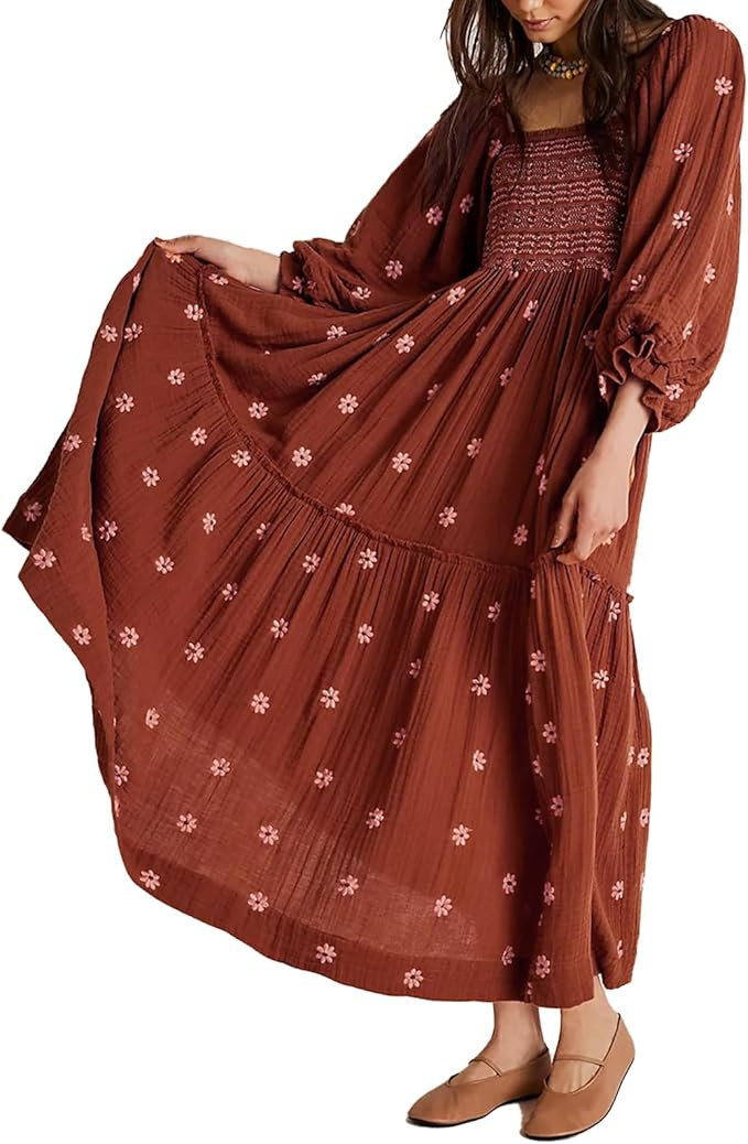 ABYOVRT Women Floral Embroidered Maxi Dress Long Puff Sleeve Square Neck Bohemian Flowy Dress wit... | Amazon (US)