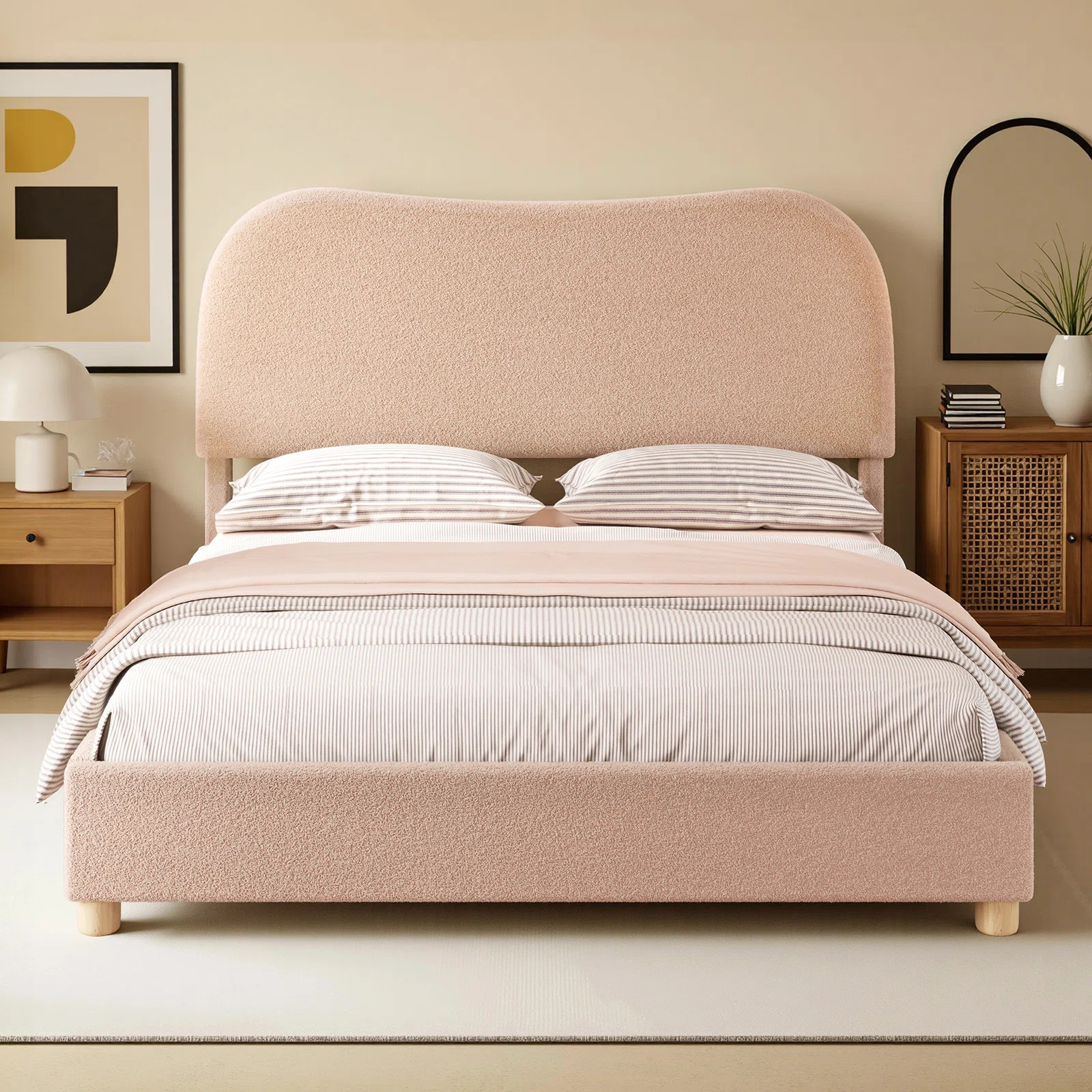 Upholstered Boucle Platform Bed with Curved Shaped Headboard & Soft Rounded Corners | Wayfair North America