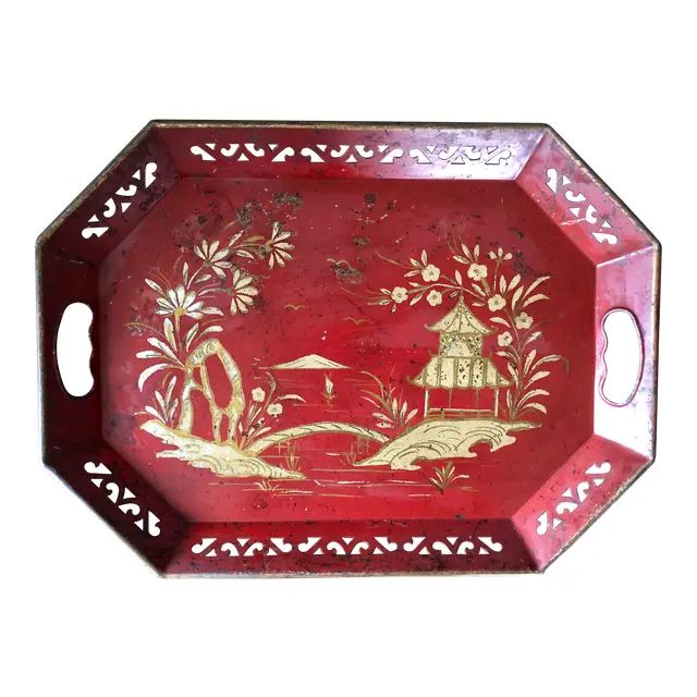 Vintage Chinoiserie Red Tole Painted Tray | Chairish