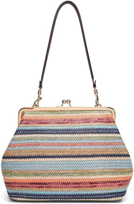 Kiss Lock Bag for Women, Large Woven Top Handle Handbag, Vintage Shoulder Tote Purse for Travel W... | Amazon (US)