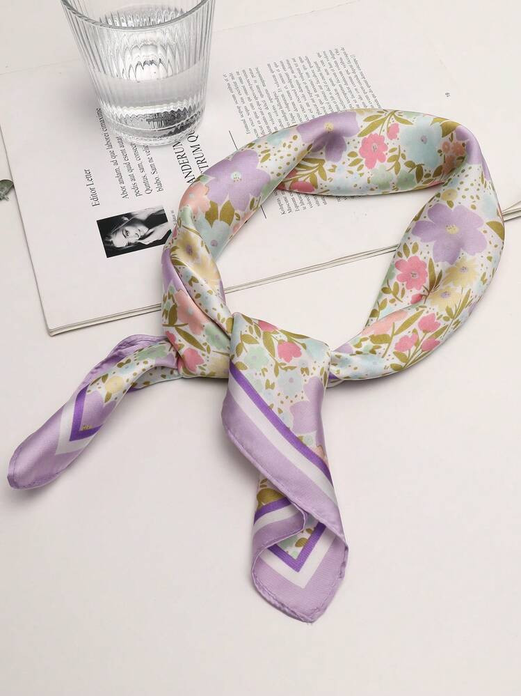1PC Ladies Boho Florals Print Square Scarf Elegant Lilac Neckerchief Bandana Women Satin Head Scarf Hair Accessories Bandana,Hair Band,Head Band Ideal For Dressing Up Your Look Valentine's Day Valentines | SHEIN