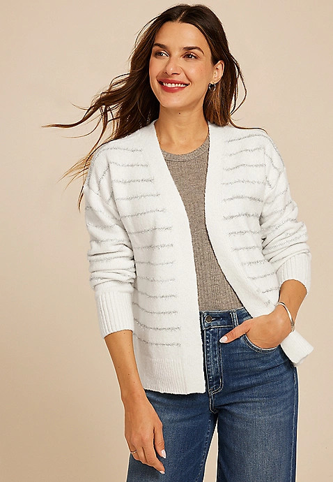 Tinsel Striped Eyelash Open Front Cardigan | Maurices