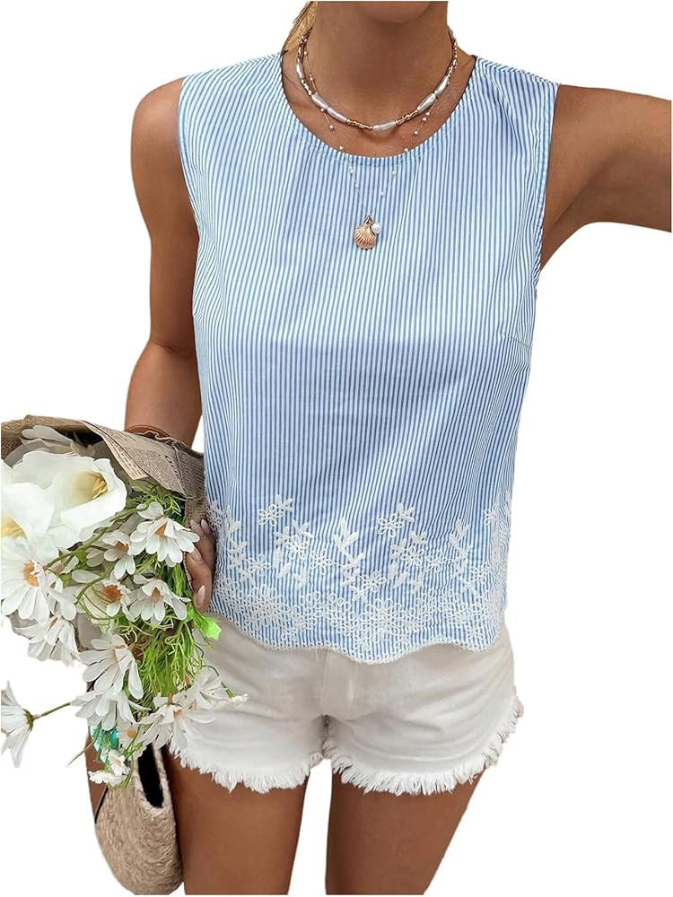 MakeMeChic Women's Striped Floral Blouse Crew Neck Embroidery Sleeveless Summer Tops | Amazon (US)