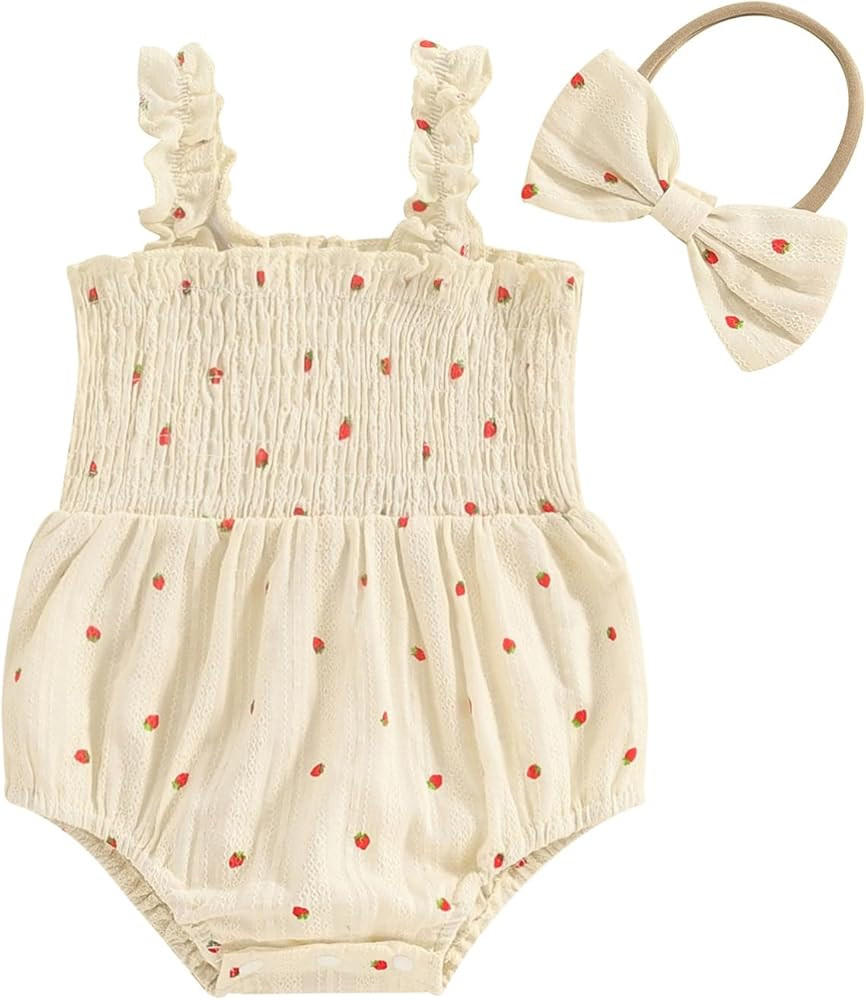 Honganda Infant Baby Girl Summer Romper Sleeveless Strap Ruched Strawberry Romper Summer Muslin B... | Amazon (US)