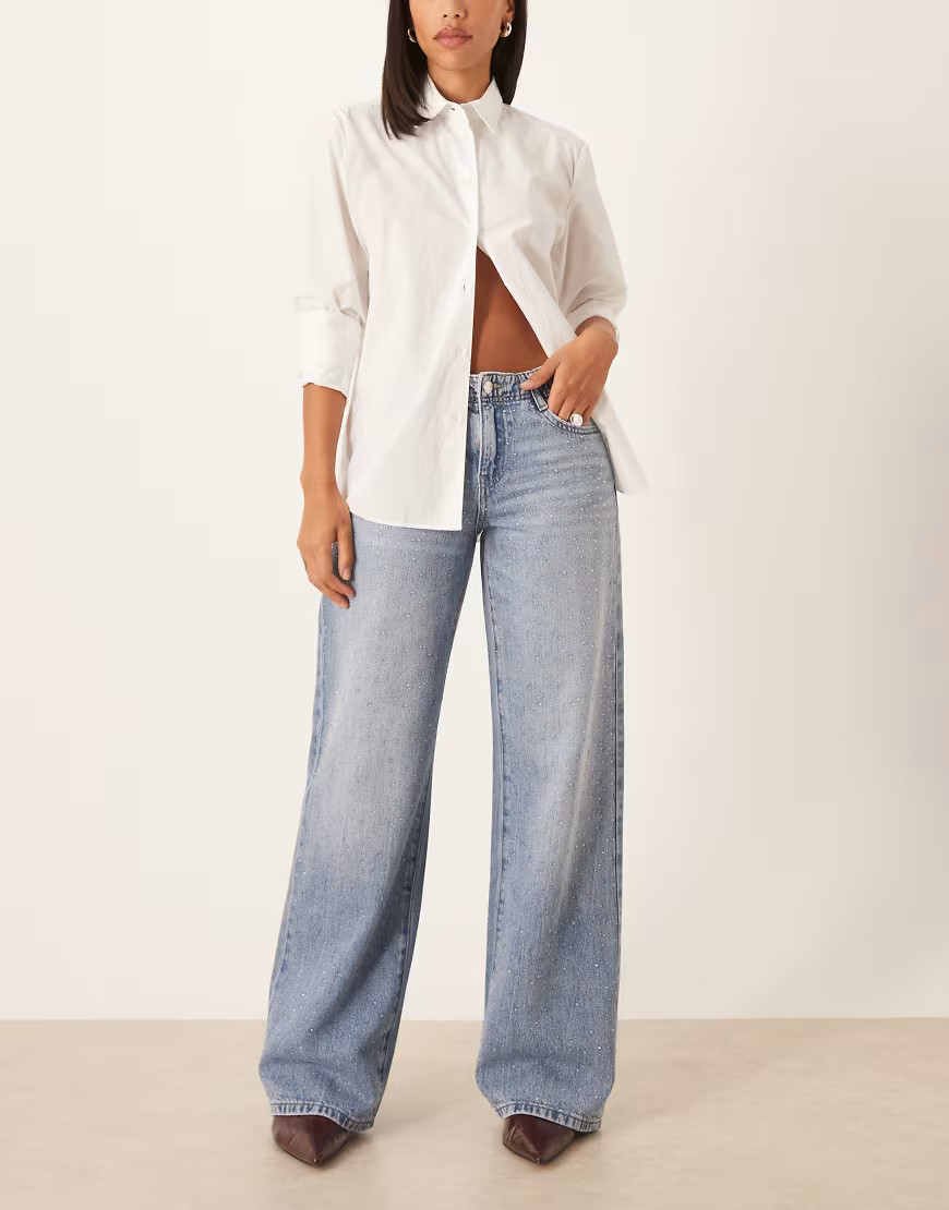 Gina Tricot mid waist embellished jeans in midwash blue | ASOS (Global)