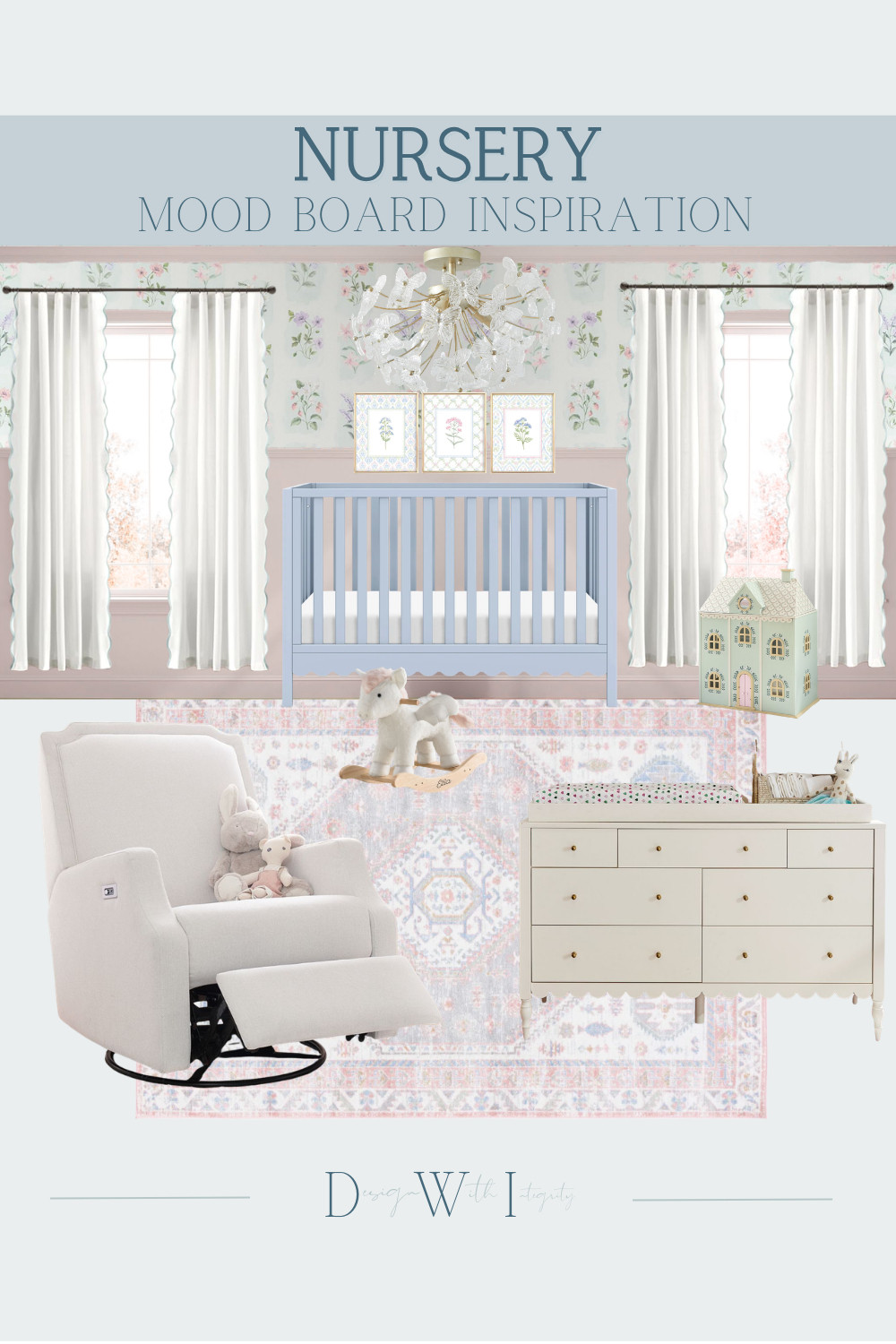 This nursery mood board blends soft blue tones with warm blush accents for a space that feels light, airy, and timeless. The painted crib introduces a gentle pop of color, balanced by a neutral dresser and cozy upholstered glider for everyday comfort. Floral wallpaper, a vintage inspired rug, and delicate lighting add layers of softness and charm, creating a nursery that feels both playful and refined. Every piece was thoughtfully selected to create a calming environment that grows beautifully with your child. Tap through to shop the curated nursery furniture, lighting, and decor selections.

#nurseryinspiration
#nurserydesign
#neutralnursery
#nurserydecor
#babyroomdesign

nursery mood board
blue nursery design
blush nursery decor
floral nursery
painted crib
nursery dresser
nursery glider
baby room inspiration 

 #LTKHome