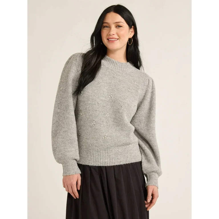 Free Assembly Women’s and Women's Plus Beaded Sweater with Puff Sleeves, Midweight, Sizes XS-4X | Walmart (US)
