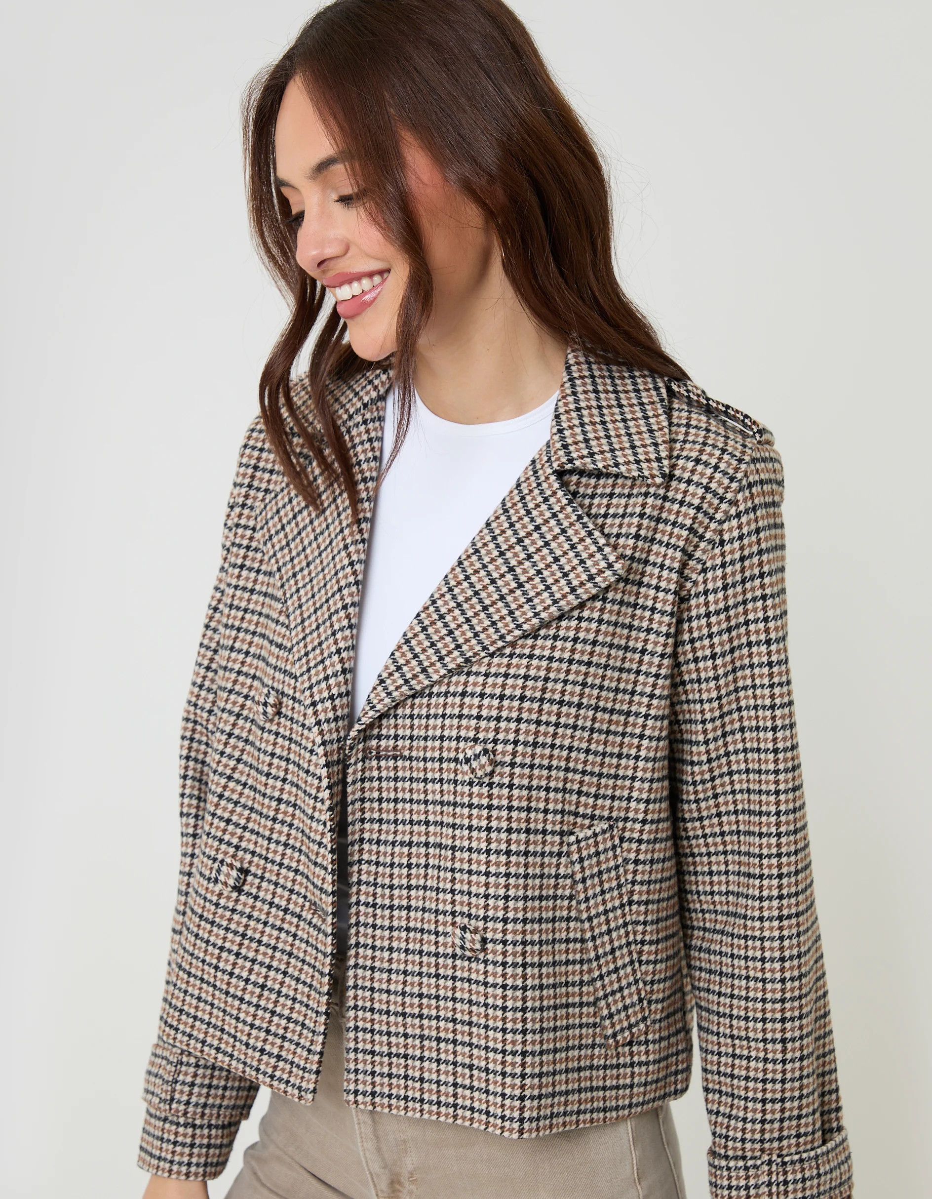 Brown Check Faux Wool Cropped Jacket | Threadbare