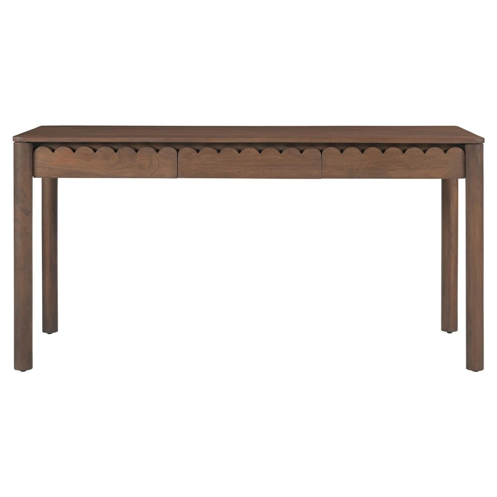 Bella Modern Classic Brown Mango Wood Scalloped Rectangular Desk | Kathy Kuo Home