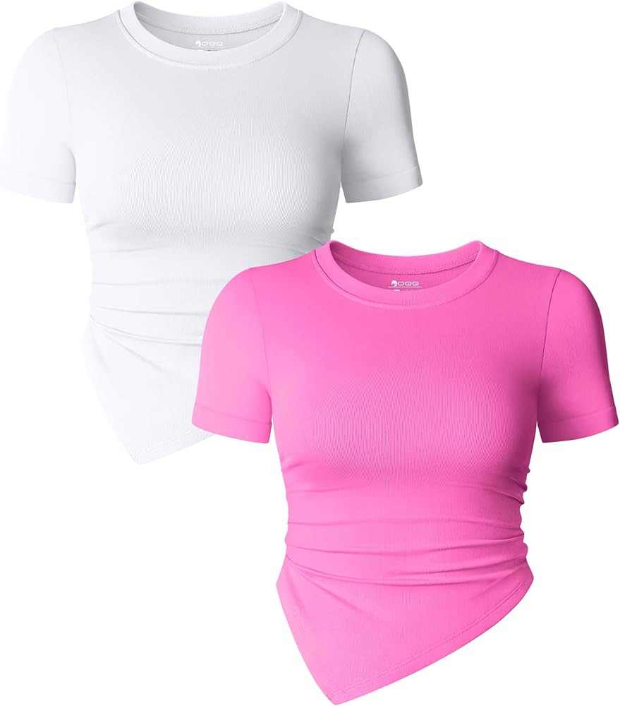 OQQ Women's 2 Piece Tops Short Sleeve Crew Neck Ruched Stretch Fitted Tee Shirts Tops | Amazon (US)