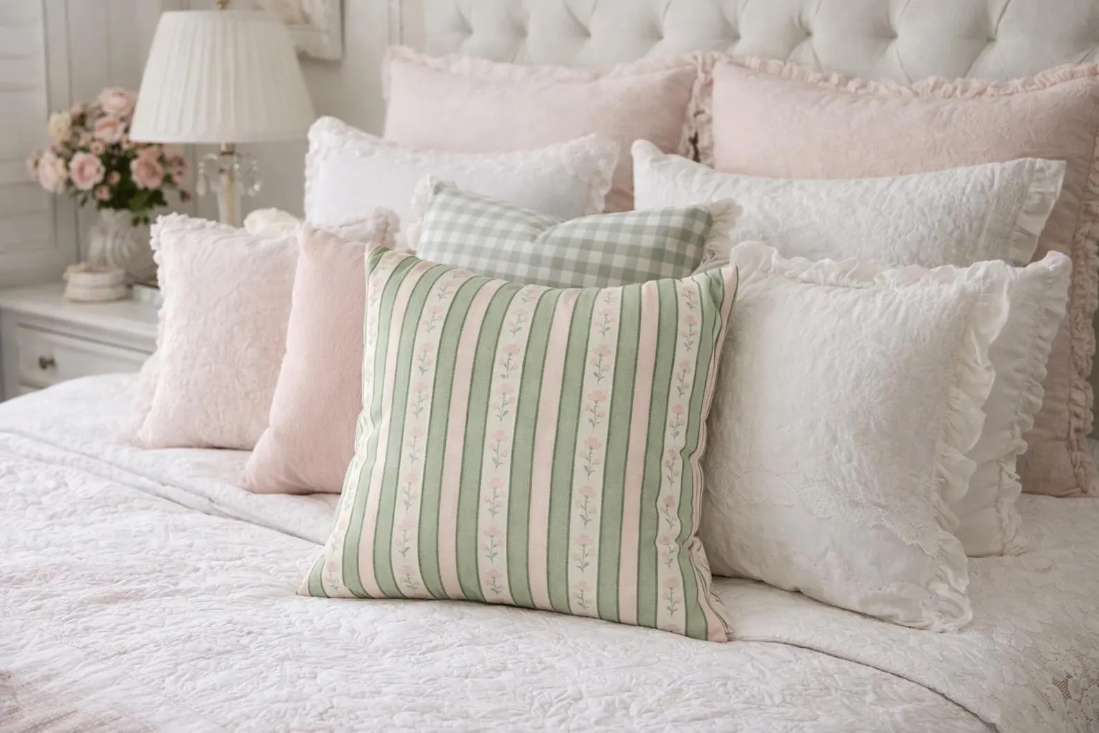 Vintage Floral Stripes Throw Pillow, Green and Pink Striped Floral Pillow Cover – Feminine Cott... | Etsy (US)