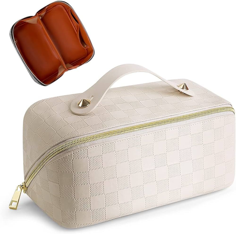 Travel Makeup Bag,Large Capacity Cosmetic Bag for Women,Portable Waterproof Toiletry Bag,Lay Flat... | Amazon (US)