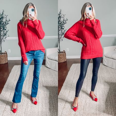 🎄AMAZON CHRISTMAS OUTFIT 🎄
Red cable knit sweater sized up one to a medium 
Spanx faux leather leggings in a medium 
Beautiful Red flats size down 
Red shoes 
Christmas outfit idea 
Holiday outfit 
Red sweater 




#LTKHoliday #LTKsalealert #LTKunder50