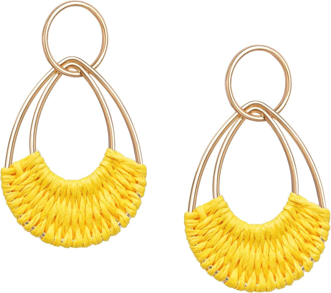 Raffia Hoop Earrings for Women Fun Boho Summer Beach Earrings Lightweight Handmade Straw Wicker R... | Amazon (US)