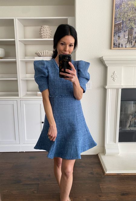 Blue tweed puff sleeve dress. Perfect for a baby shower, bridal shower or event. It runs small. I went up a size. I’m wearing the size 4 here. 

Spring baby shower dress 
Spring wedding guest dress 
Easter dress 
Tweed dress
Likely Alia dress 

#LTKSeasonal #LTKwedding #LTKworkwear