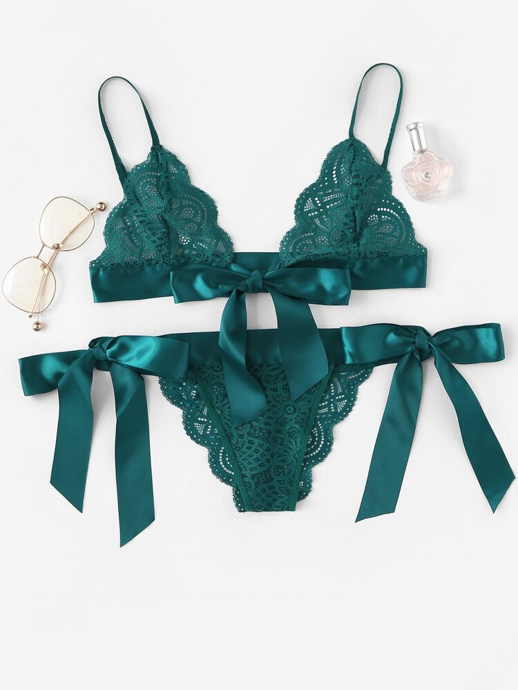 Tie Side Scalloped Trim Lace Lingerie Set | SHEIN