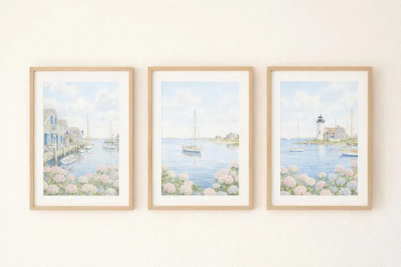 Nantucket Coastal Wall Art Set of 3, Hydrangea Beach Prints, Blue Sailboat Artwork, Preppy Coasta... | Etsy (Global)