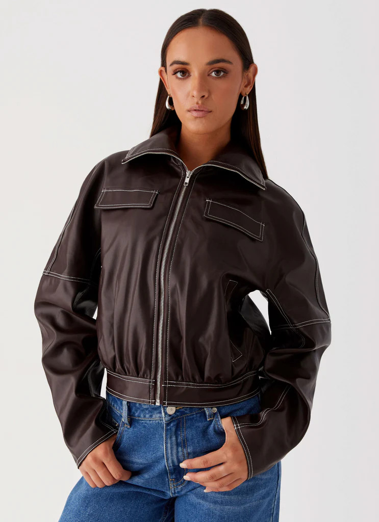 Meant To Be PU Boxy Jacket - Brown | Peppermayo (Global)