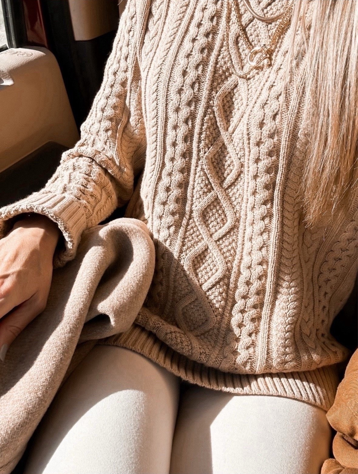 Tried the viral Amazon sweater and I love it! Wearing size XS!  This outfit would be perfect for Thanksgiving! Amazon sunglasses, Amazon sweater, Amazon gift, thanksgiving outfit, Neutral fall outfit, neutral winter outfit, Fall outfit, cable knit sweater, pumpkin patch, winter outfit, white leggings, classic style, classic family style. Callie Glass 

#LTKootd #LTKGiftGuide #LTKHoliday