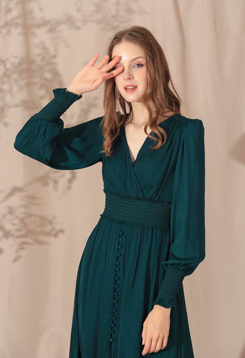 Satin Button Down Wrap Midi Dress in Dark Green | Chicwish
