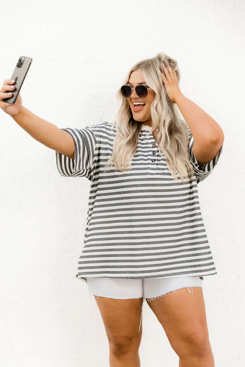 It Can Happen Charcoal Striped Henley Tee | Pink Lily