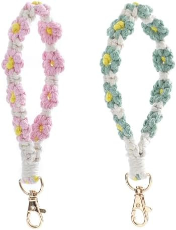 2Pcs Green and Pink Boho Daisy Crochet Flower Bracelet Keychain Cute Weaving Purse Bag Backpack C... | Amazon (US)