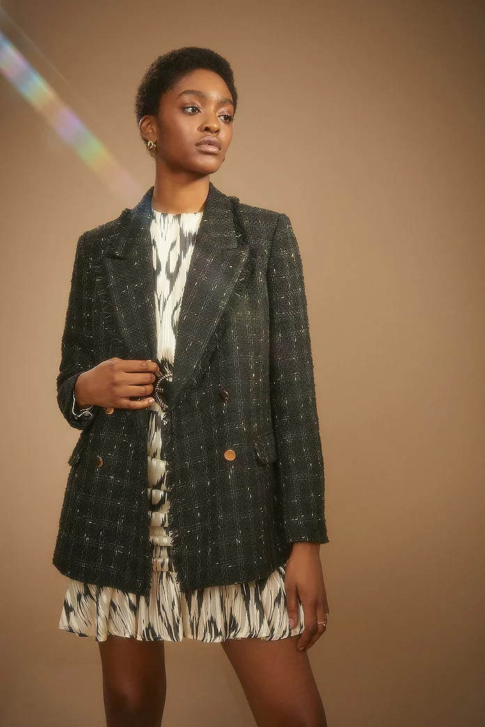 Gold Shimmer Tweed Double Breasted Blazer | Oasis UK & IE 