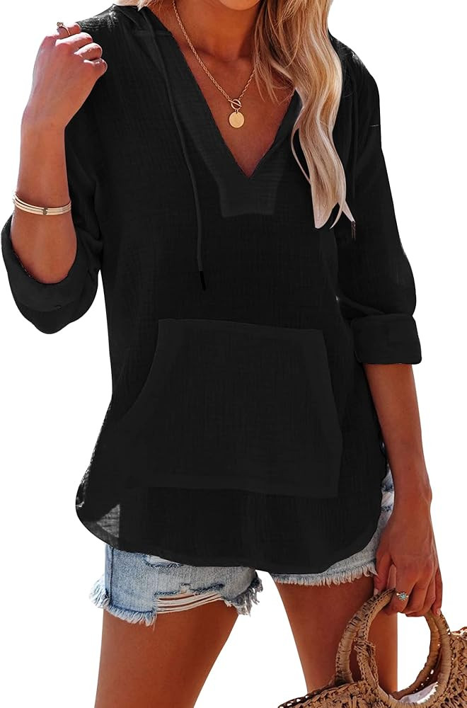 Ebifin Women's Beach Cover Up hoodies sweatshirt Long Sleeve V Neck Pocketed Hooded Shirt Top | Amazon (US)