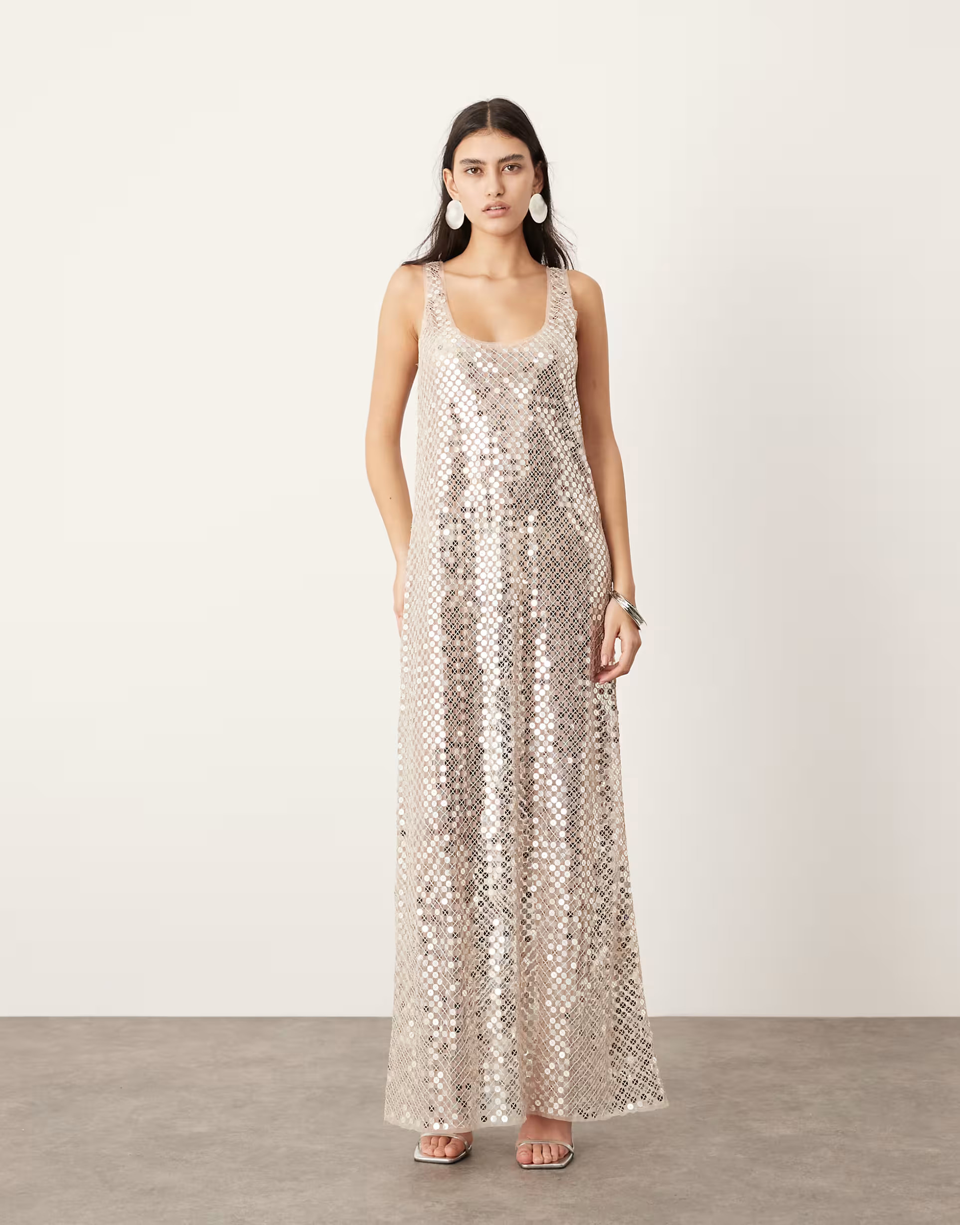 ASOS EDITION sheer disc sequin maxi raw edge vest dress in silver | ASOS | ASOS (Global)