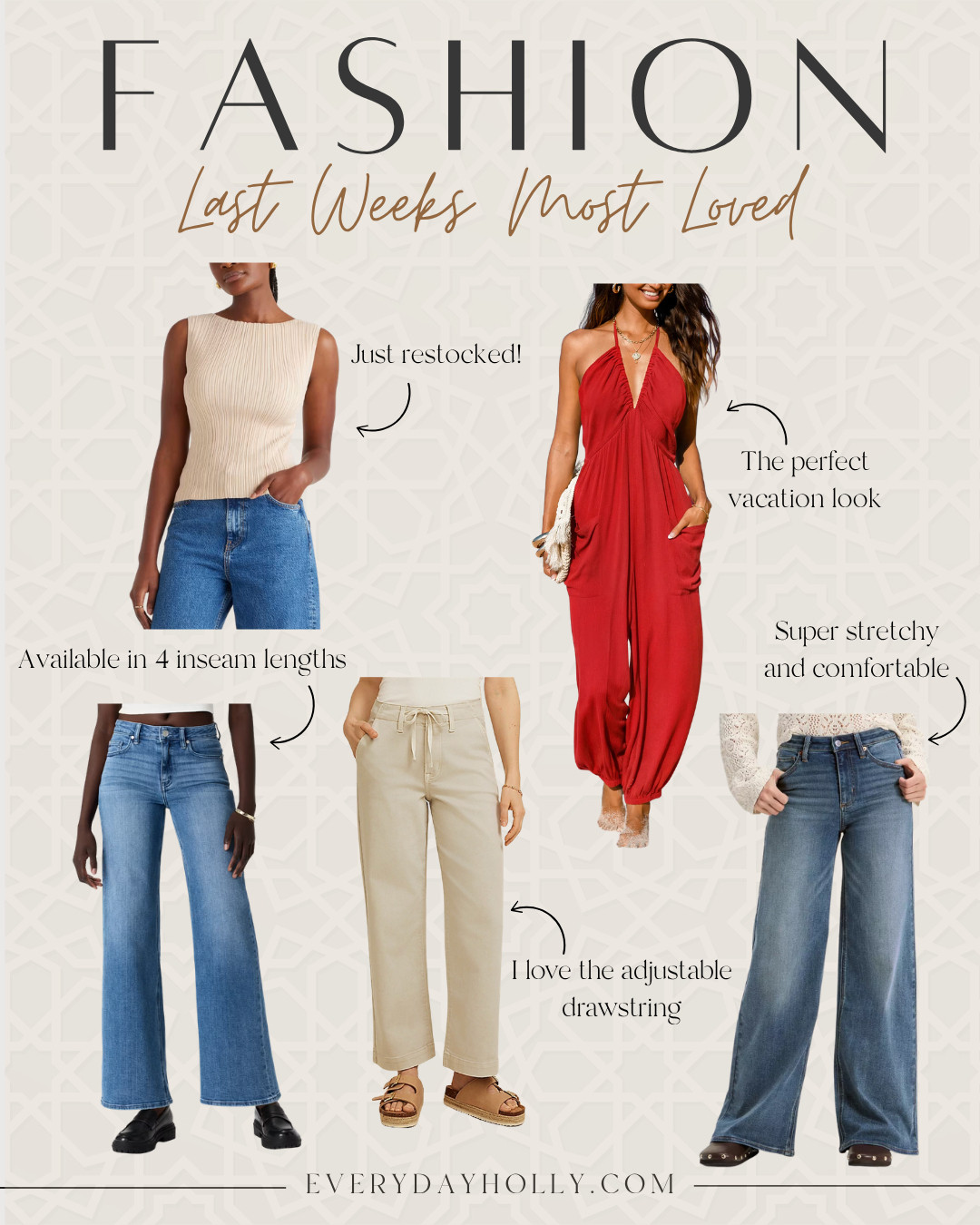 Last week’s most loved and these pieces are so good for spring and summer. Easy staples you can mix, match, and wear on repeat.

spring outfits, summer outfits, wide leg jeans, casual everyday style, petite friendly fashion, neutral outfit inspo, capsule wardrobe finds, vacation outfit ideas, amazon fashion finds, EverydayHolly 

 #LTKSeasonal #LTKOver40 #LTKPetite