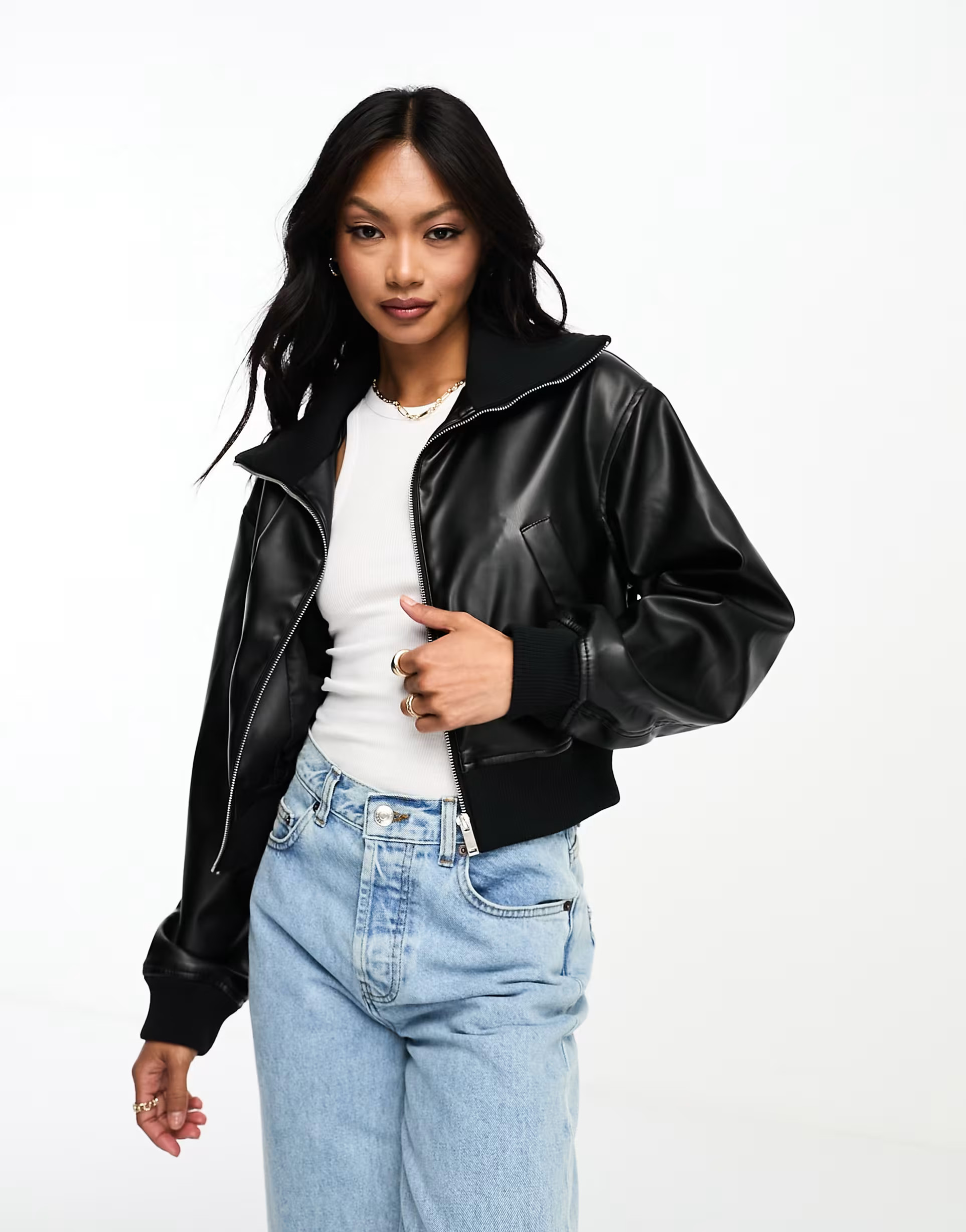 ASOS DESIGN faux leather crop bomber jacket in black | ASOS (Global)