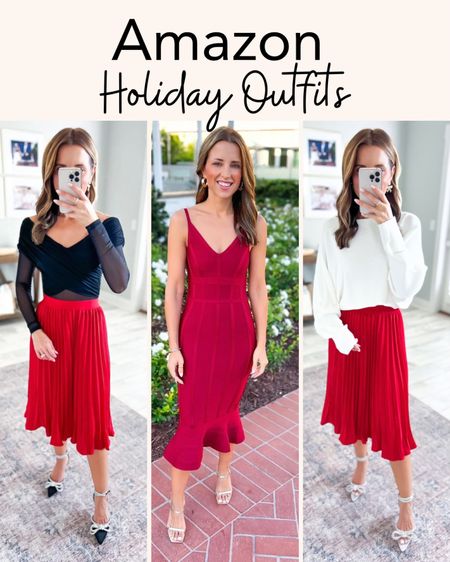 Amazon holiday outfits. Amazon holiday dresses. Amazon Christmas outfit. Red pleated skirt (XS). Midi dress in XS. Wedding guest dress. Party outfits. Party dresses. Bow heels are TTS. 

#LTKwedding #LTKparties #LTKHoliday